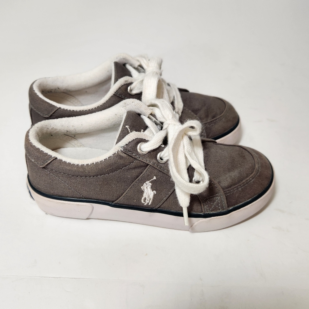 polo ralph lauren boys canvas low top lace up tennis shoes sz 12 grey white euc
